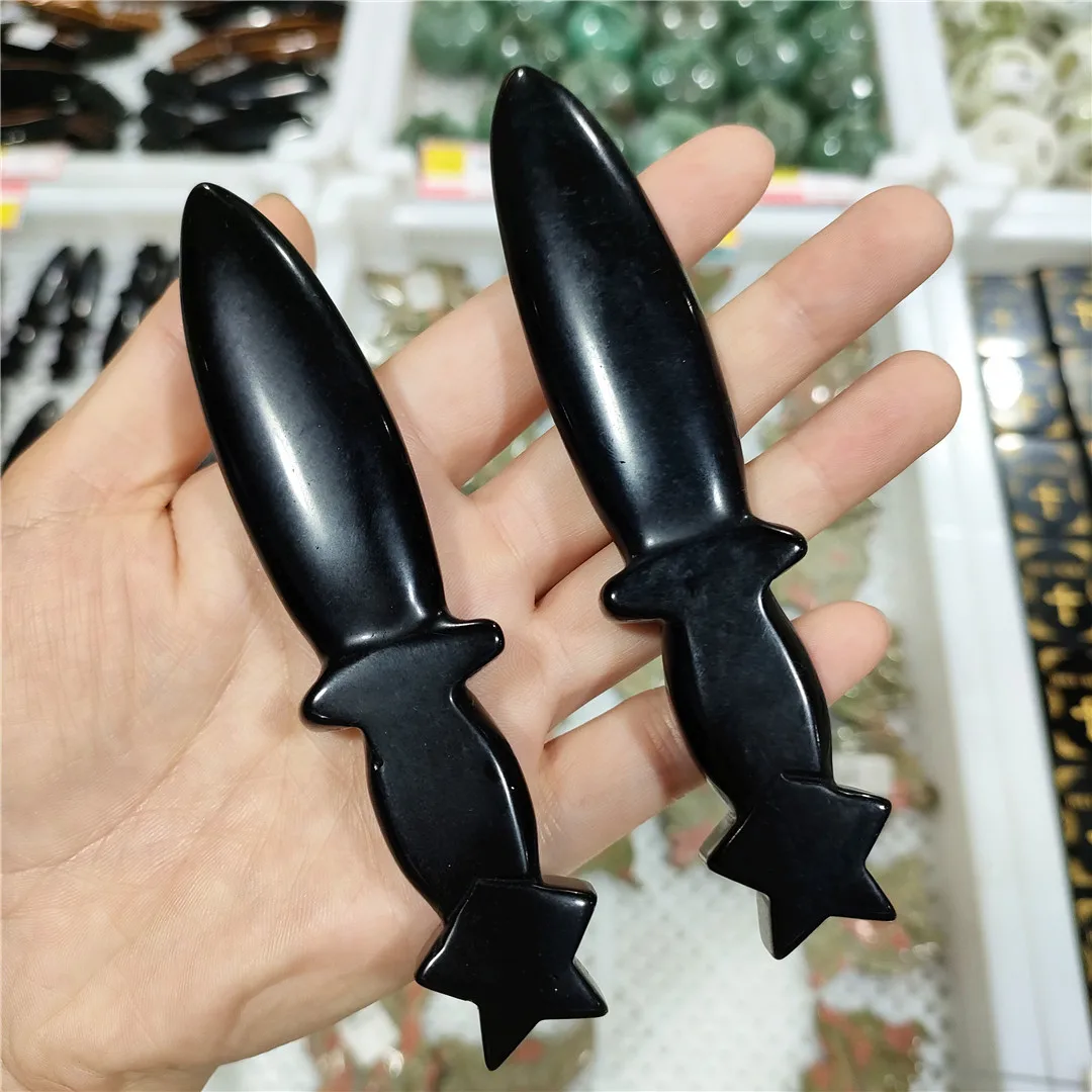 

Natural Black Obsidian Crystal Protection Stone Hand Carved Dagger Crafts Men Gifts Magic Talisman and Sword Witch Supplies