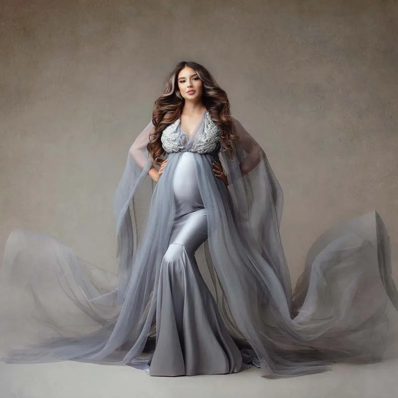 

Newest Grey Lace Appliques Satin Mermaid Maternity Dresses Women V-Neck Sheer Mesh Prgnancy Tulle Bridal Dress To Photo Shoot