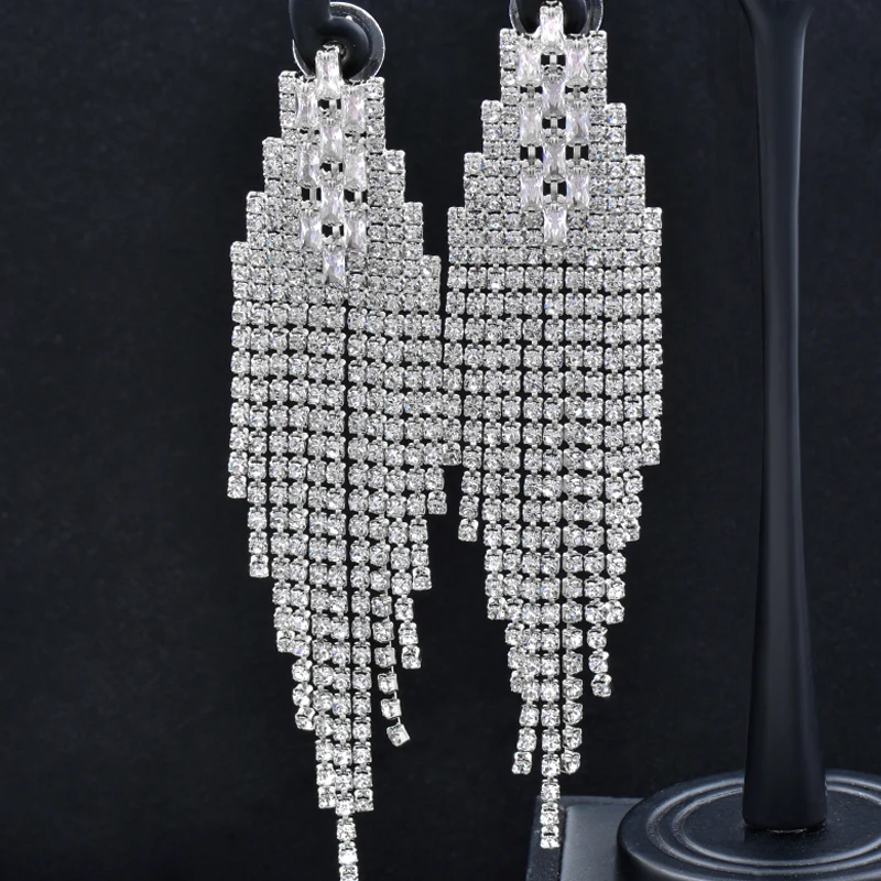 

KIOOZOL Luxury silver color Long Earrings For Women Shiny rhinestones earrings 2022 Party Jewelry wedding accessories 861 KO1