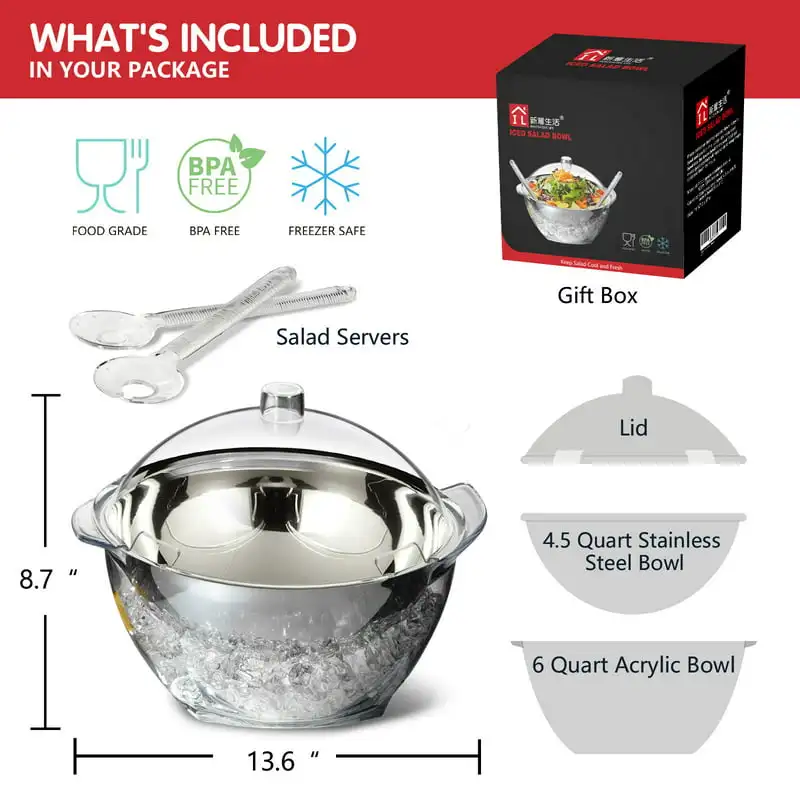 

Stylish Clear Acrylic Salad Bowl on Ice with Lid - Chilled Serving Bowl Perfect for Party and Mixing, 156 Characters.