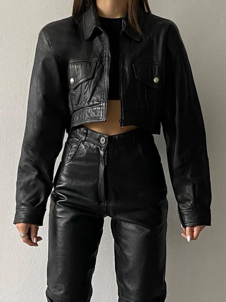 IAMSURE Casual Streetwear Pu Leather Cropped Jackets Autumn Zipper Turn-Down Collar Long Sleeve Coats Women 2022 Streetwear