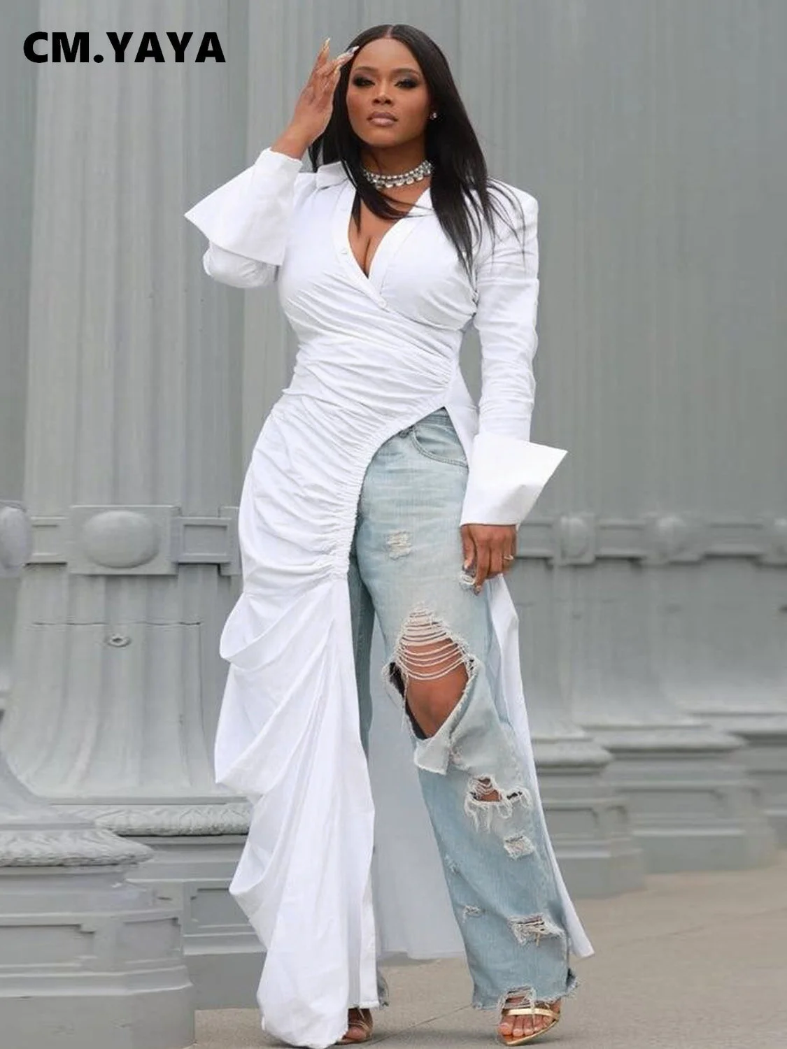 

Женское винтажное платье макси CM.YAYA, белое длинное платье с длинным рукавом, высоким разрезом, рюшами, отложным воротником, модные уличные платья