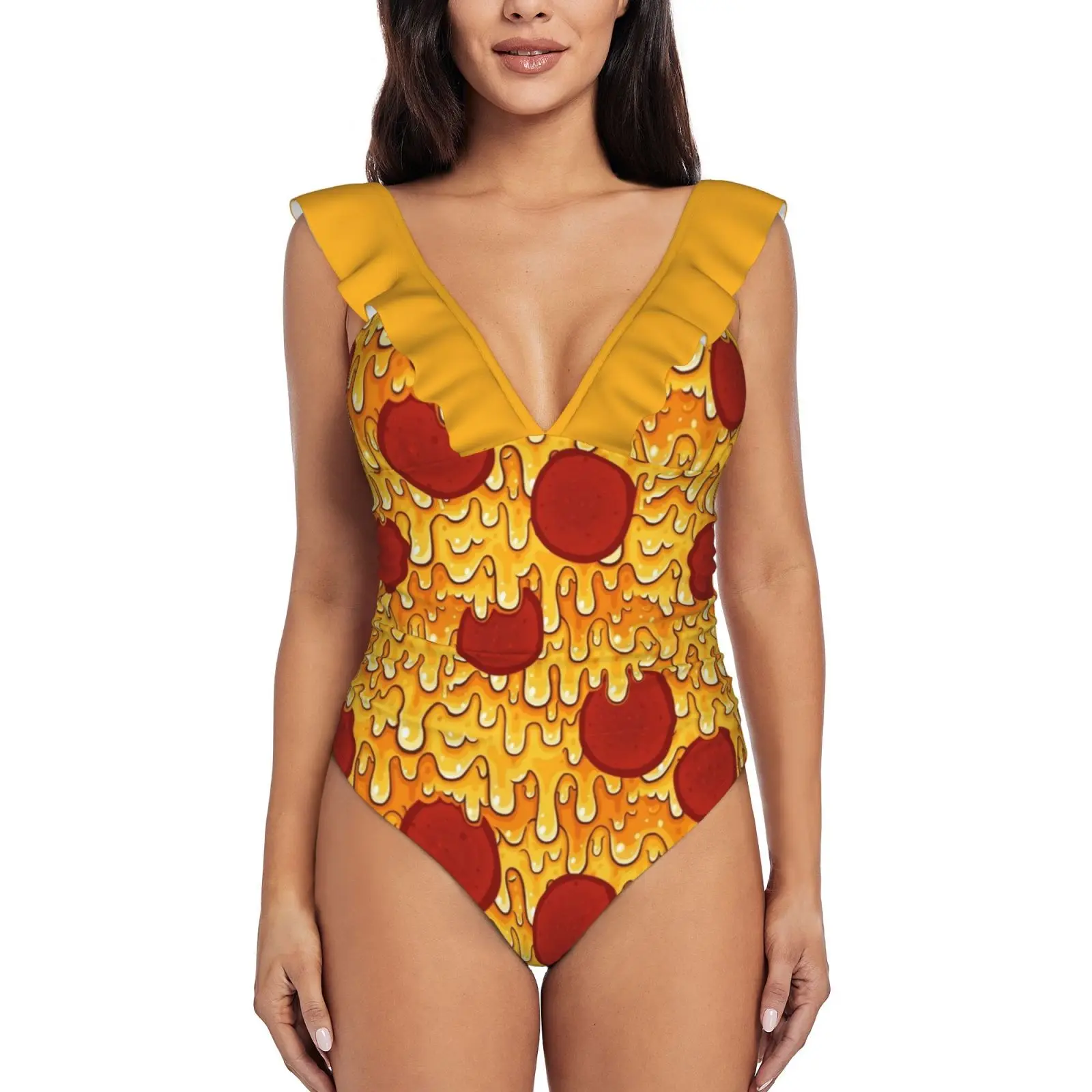 

Pepperoni Pizza Pattern Sexy One Piece Swimsuit Women Ruffled Swimwear Women Print Monokini Female Beachwear Pizza Food Melt
