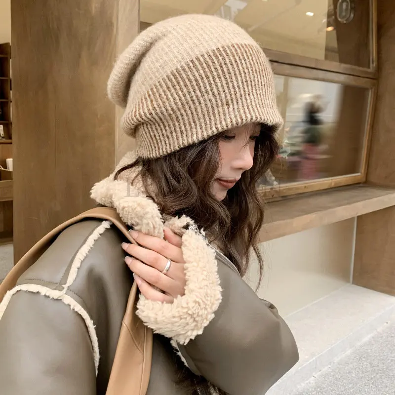 

Korean Simplicity Wool Hat Striped Heap Cap Solid Color Woolen Leisure Winter Autumn Warm Soft Strip Knitted Cap