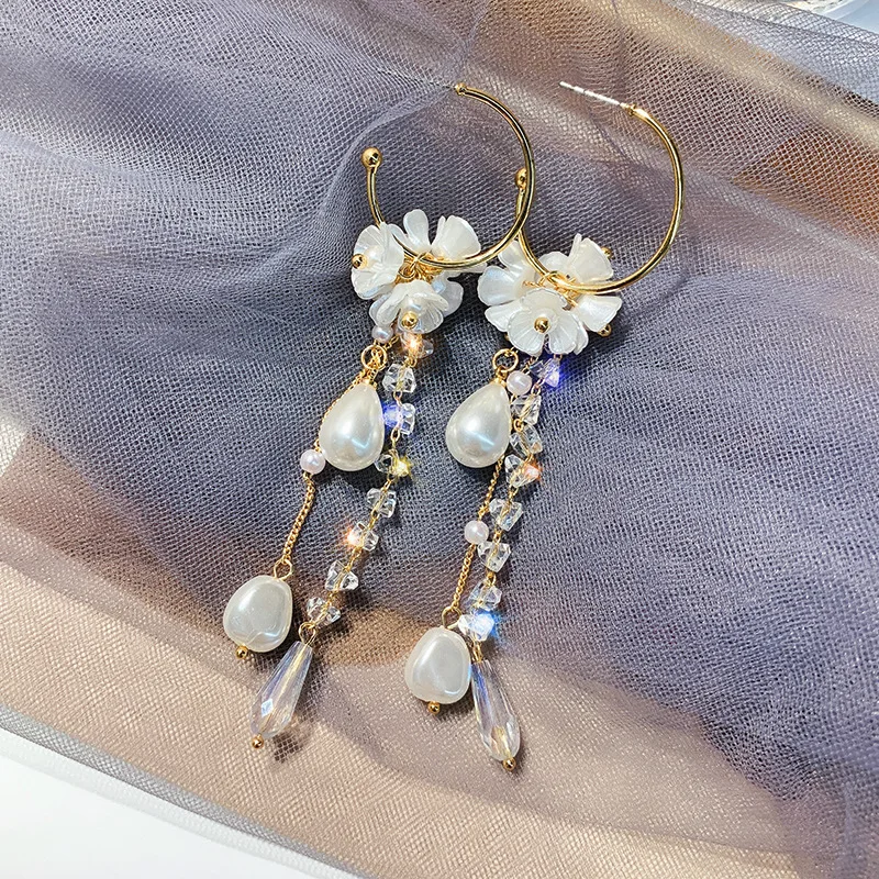 

S925 Silver Needle Flower Design Geometry Water Drops Tears Fringe Tassel Earrings Women's Korean Ins Style Ear Stud Ear Jewelry