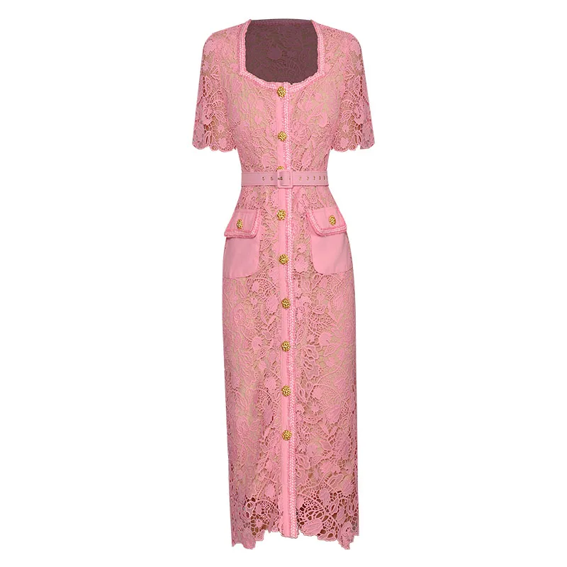 

Dresses For Women 2023 Runway Luxury Spring Summer Square Collar Short Sleeve Hollow Out Belt Single Breasted Vintage Dress