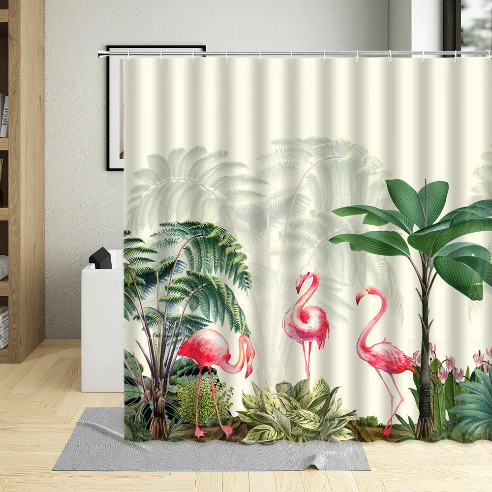 

Занавеска для душа с изображением фламинго, тропических растений, пальмовых листьев, Мультяшные занавески Monstera из полиэстера, декор для ванной комнаты с крючками