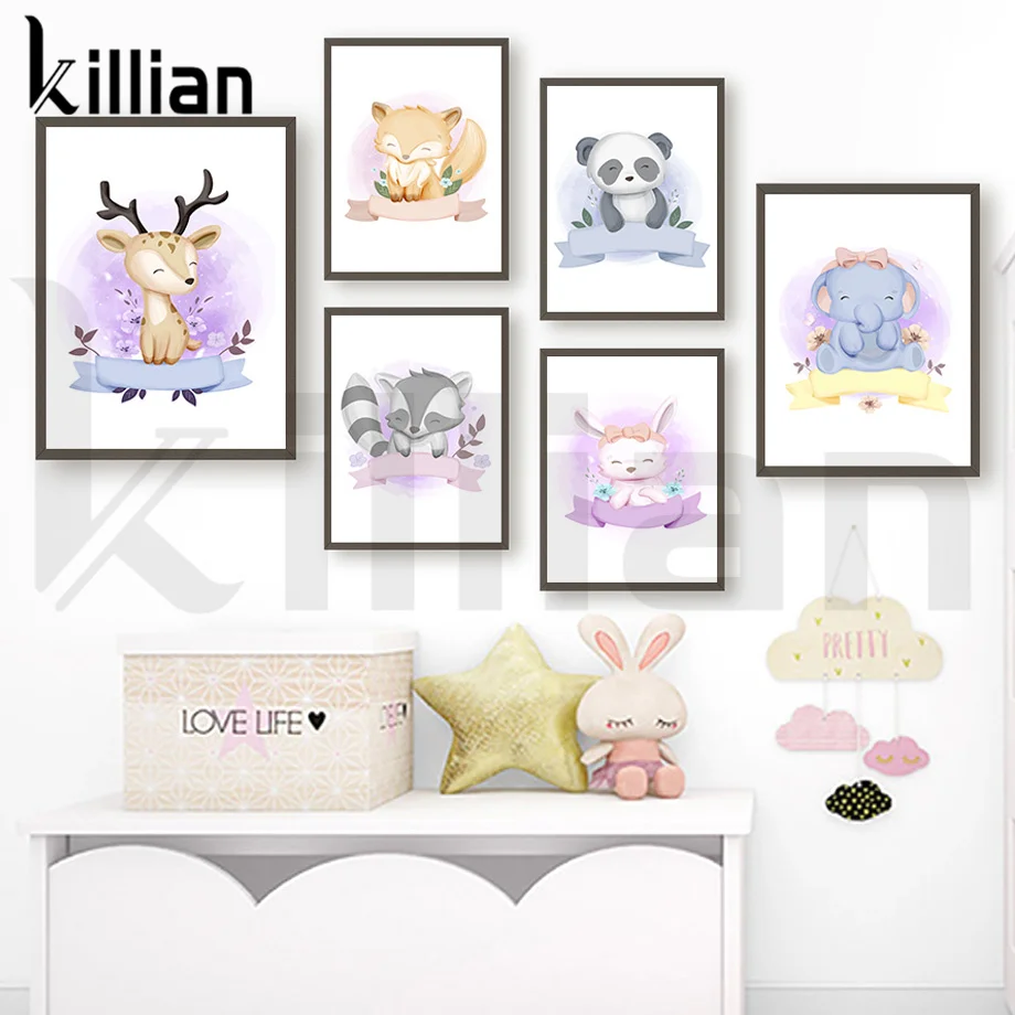 

Cute Animals Cartoon Canvas Painting Panda Elephant Sika Deer Raccoon Wall Art Cartoon Canvas Poster Pictures for Kid Room Decor