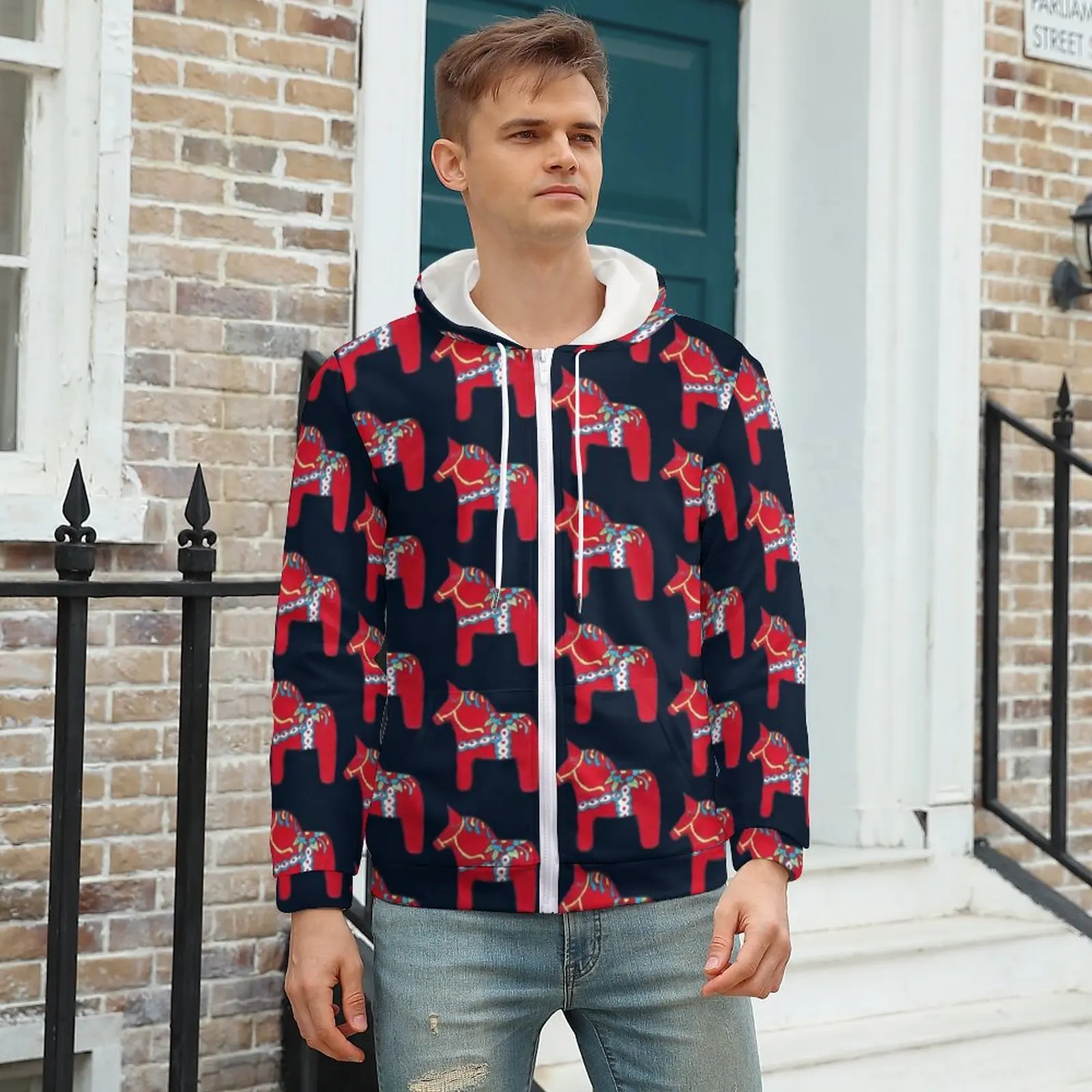 

Dala Horse Hoodies Retro Animal Print Winter Polyester Hoodie Nice Zip Up Hoodie Men Plus Size 5XL