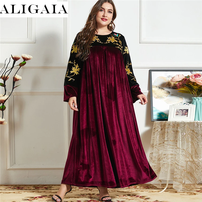

Aligaia Plus Size Velvet Dress 2022 Fashion Burgundy Chic Embroidery Long Sleeve Loose Casual Arabic Muslim Clothes Winter