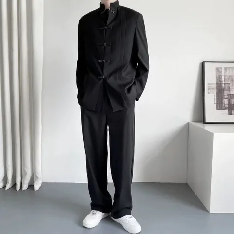 Новый китайский костюм, мужские осенние прямые брюки, повседневный комплект из двух предметов, однотонный однобортный Топ, куртка, свободные брюки