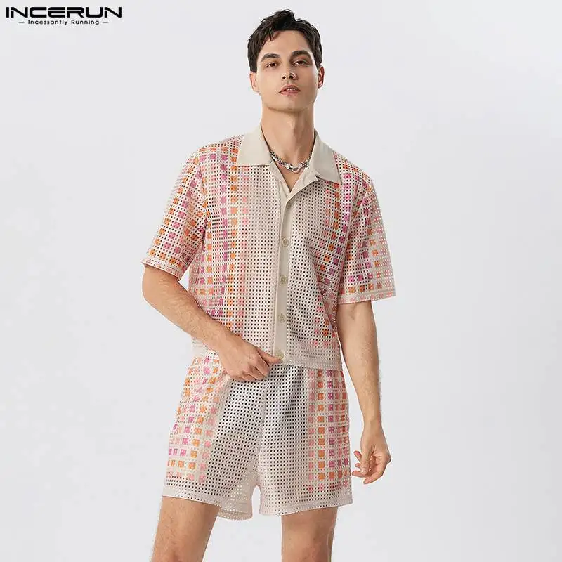 

Stylish Well Fitting Men Sets INCERUN Vacation Hollowed Mesh Short Sleeved Shirt Shorts Leisure See-through Two-piece Sets S-5XL