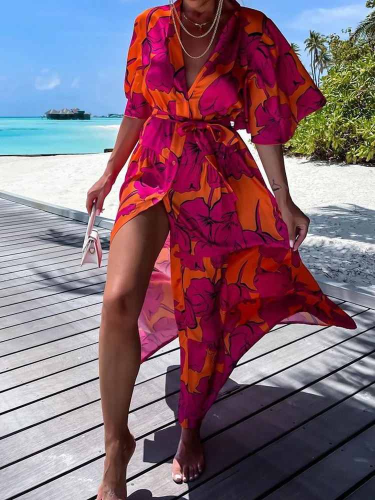 

Women Retro Floral Print Pleated Dresses Elegant High Waist Lace-up Long Maxi Dress Fashion Long Sleeve O Neck Buttoned Dresses