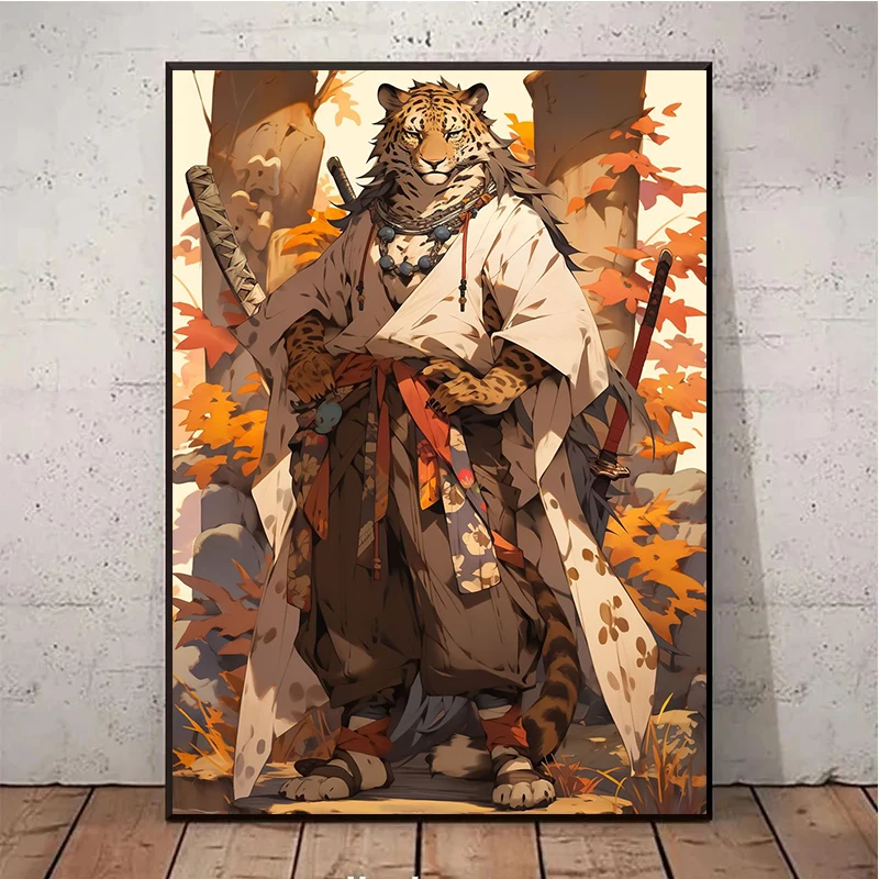 Японские Аниме-постеры в виде самурайского животного тигр кот волк печать на