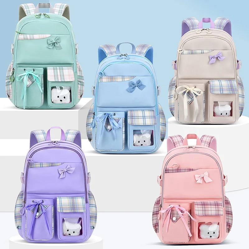 Grade 1-6-9 Primary Secondary School Students Leisure Lattice Backpacks New Girl Bow Bear Simple Silk Ribbon Bags All-match Hot