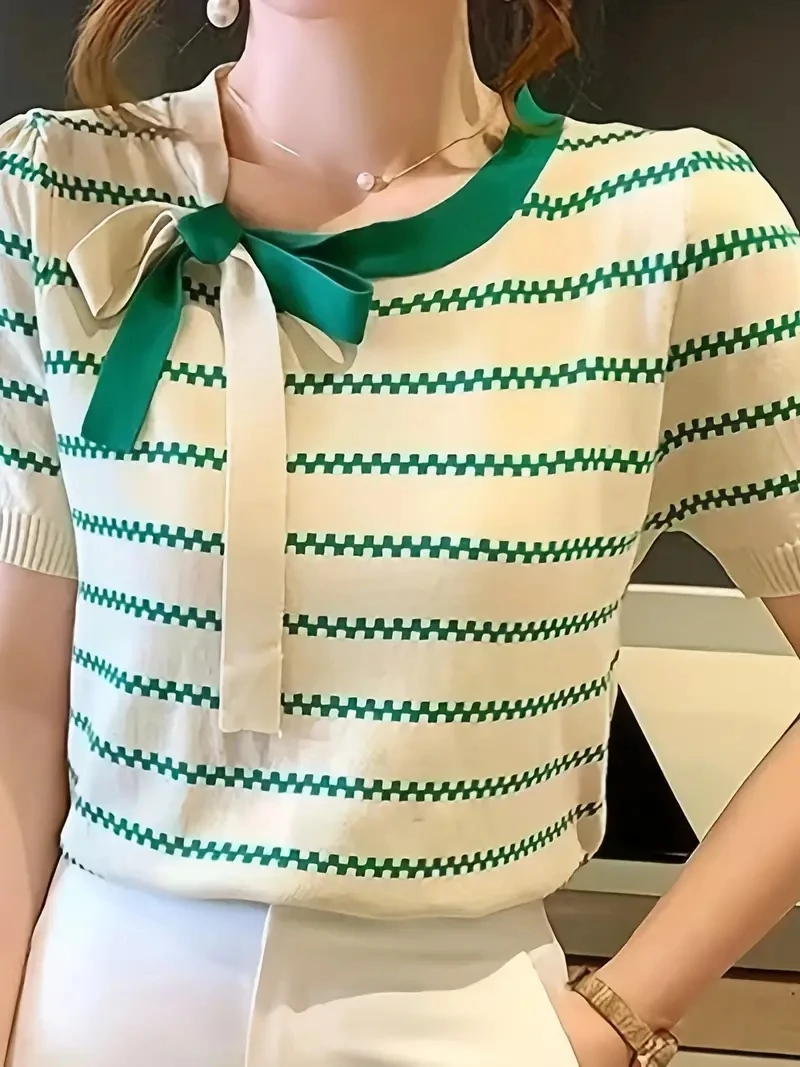 

Women's Short Sleeve Striped Sweater Casual Wear Spring Fall 2023 New Contrast Knitted Jumper Japan Style Jersey Mujer Pullover