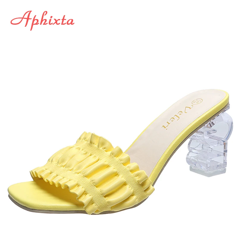 

Aphixta 2022 Summer 7cm Thin Heels Slippers Women Pleated Mules Transparent Chain Heel Slides Sandal Shoes Female Big Size 43