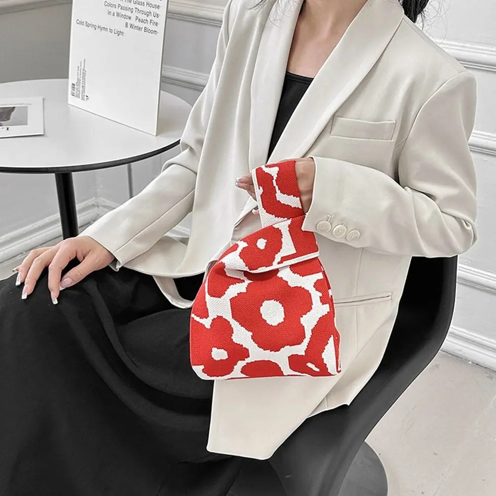 

Grocery Handbags Printing Flower Cosmetic Bag Handmade Large Capacity Weave Knitted Bag Shoulder Bag Wrist Bag Women Tote Bag
