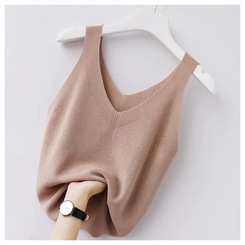 

2022 Casaul Camisole Women Wear a Sleeveless Tops Ice Silk Inside Bottom and Wear the Korean V-neck Vertical Stripes Slim Tank