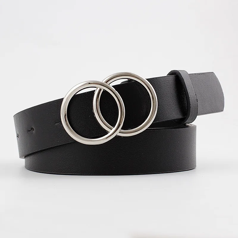 

New Luxury Double Ring Silver Belt Women Fashion Pu Alloy Thin Belts Female Jeans Dress Black Coffee Waistband Brand Design 2022