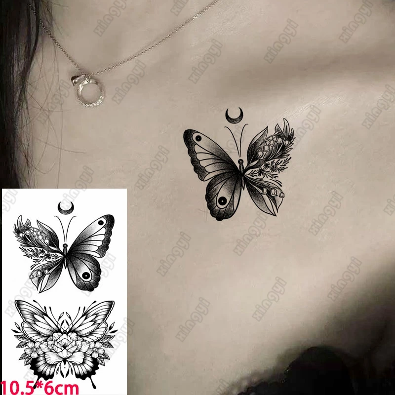 

Waterproof Temporary Tattoo Sticker Black Butterfly Flower Moon Wing Flash Tattoo Fake Tatto Neck Wrist Arm for Women Men