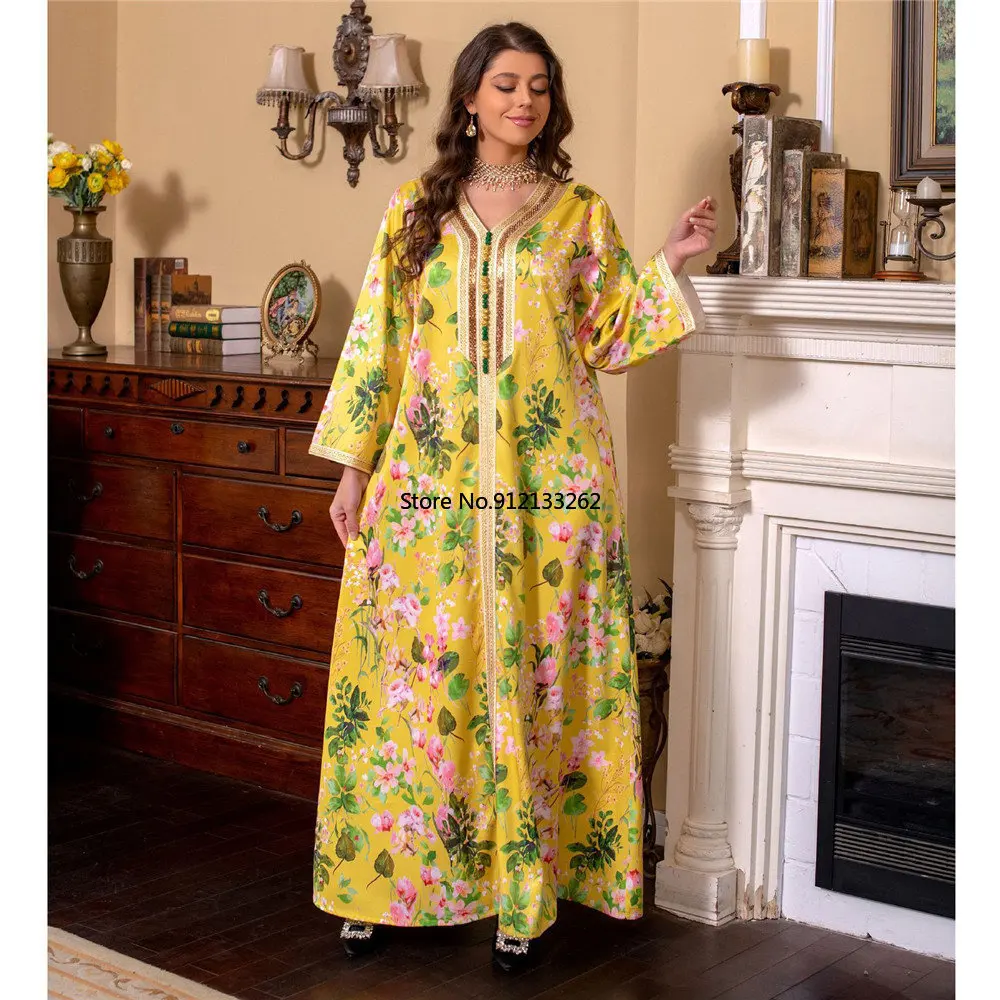 Fashion Floral Print Muslim Dress Women Dubai Arab Abaya Dubai Arabic Turkey Moroccon Kaftan Islamic Clothing India Gown Robe