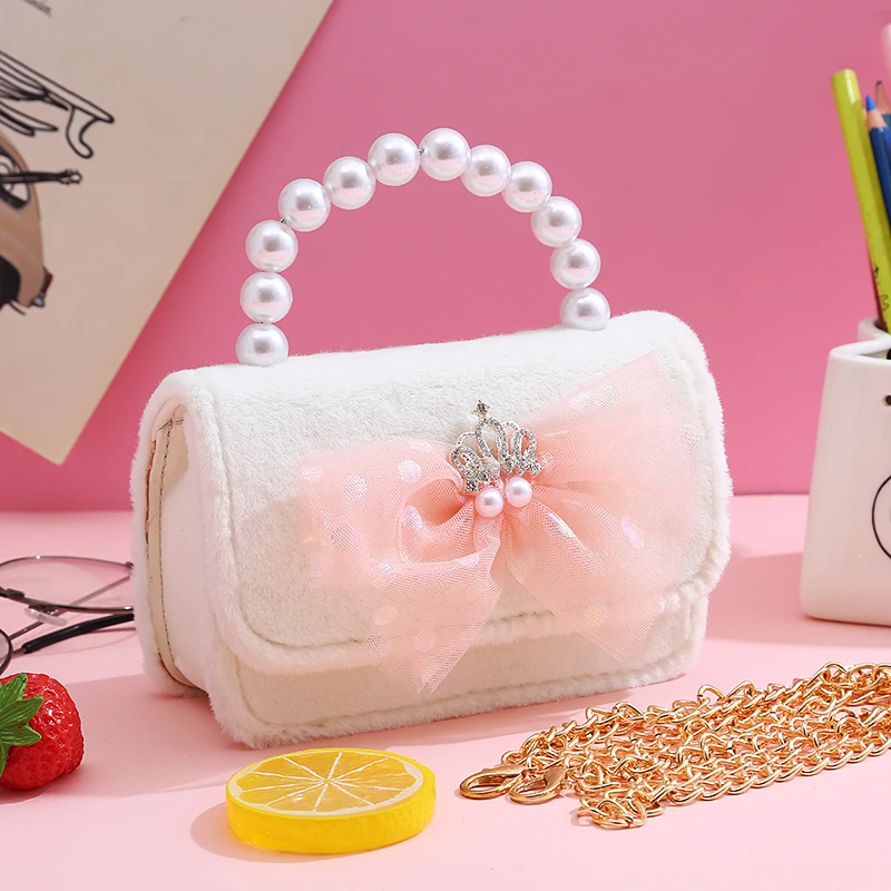 2023 New Kids Plush Purses and Handbags Cute Lace Bowknot Little Girls Princess Messenger Bag Baby Coin Pouch Toddler Purse