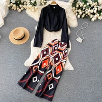 sexy suit two pieces outfit office lady long sleeve lapel black blouse shirt suits 2022 women casual print wide leg trousers set