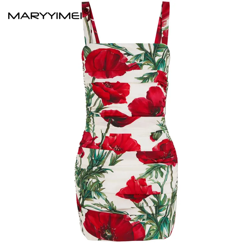 

MARYYIMEI Fashion designer Summer Women's Silk Dress Floral-Print Ruched sexy Package hip Spaghetti Strap Dresses