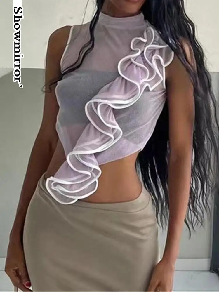 

Sexy See Through Tank Women Summer Asymmetrical Runched Crop Tops Party Club y2k Streetwear Tank Top T-shirts