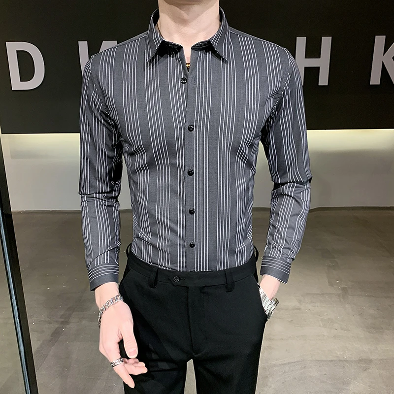 

British Style Spring Summer Striped Mens Dress Shirts Long Sleeve Simple Slim Fit Business Formal Wear Office Blouse Homme M-4XL
