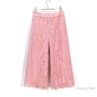 casual pink lace pants for women 2022 spring and summer new wide leg loose large size cropped straight leg 7 trousers