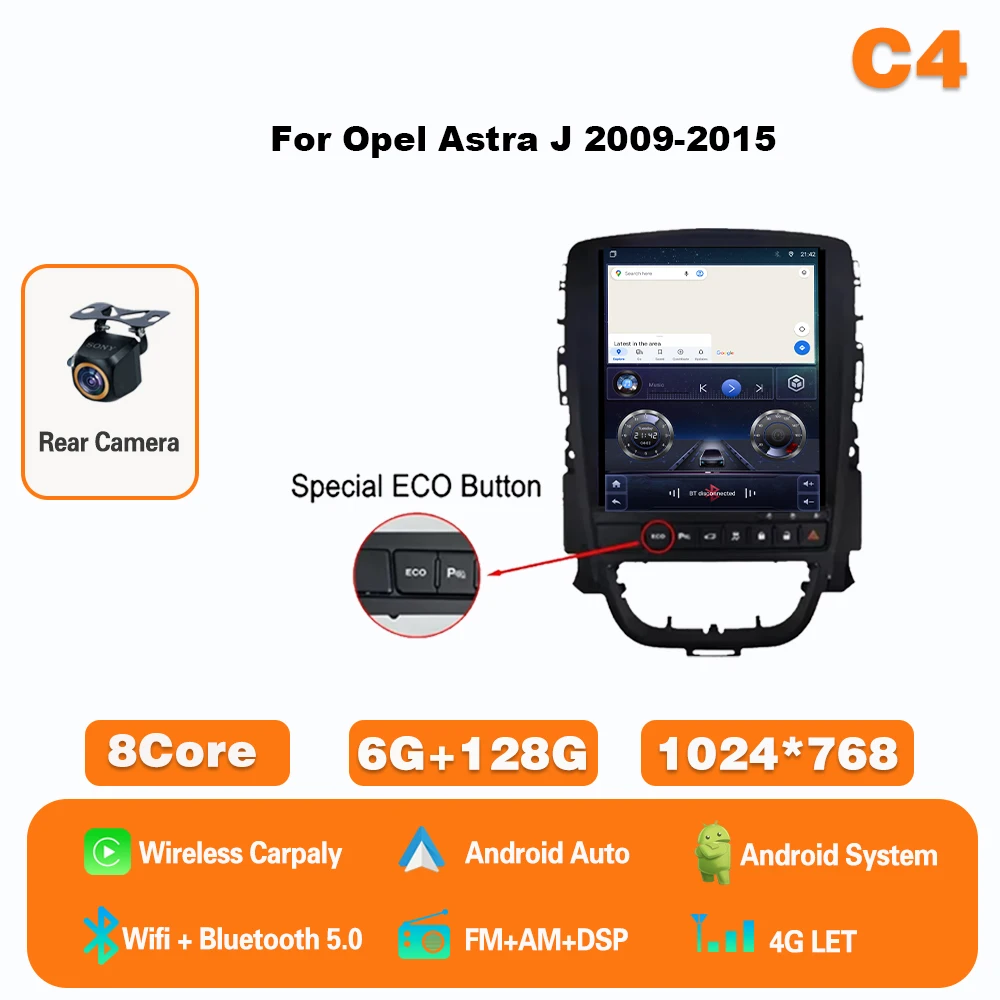 

Android 15 9,7-дюймовый автомобильный радиоприемник для Opel Astra J Vauxhall Buick Verano 2009-2015 Мультимедийный плеер Carplay Навигация GPS 4G