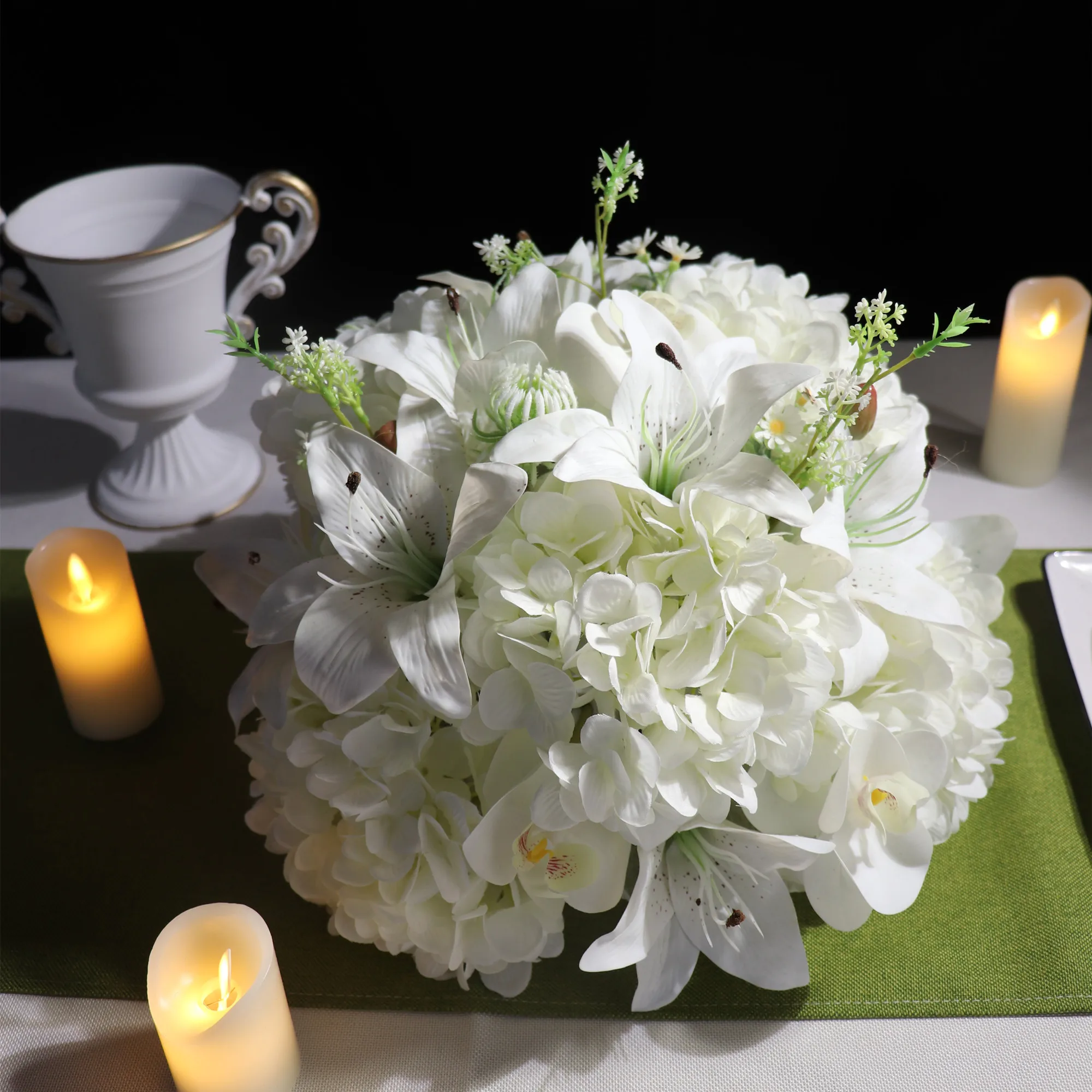 

White Flower Lily Hydrangea Daisy Artificial Table Flower Party Luxury Event Half Ball Centerpiece - INDIGO
