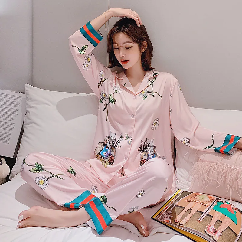 

Jxgarb Pajamas Women's Autumn Long-Sleeved Ice Silk Cardigan Spring And Autumn New Digital Printing Thin Section Small Fresh
