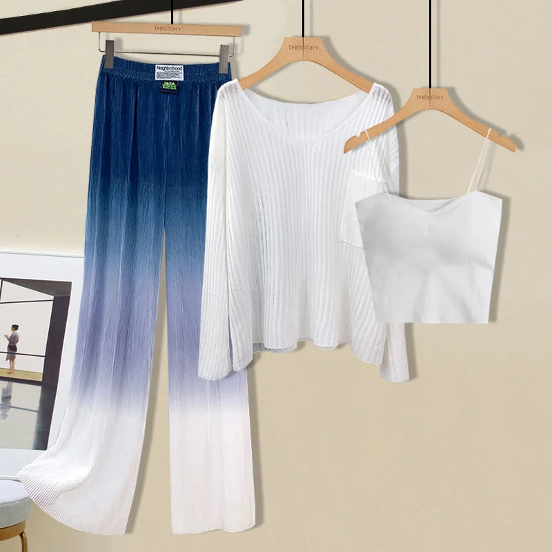 

Комплект из 3 предметов с градиентными брюками для женщин, трикотажный сексуальный укороченный Топ с длинным рукавом, весенний женский спор...