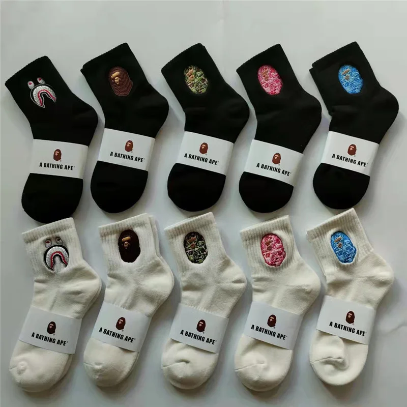 

Embroidered Socks Bape Men's And Women's Black And White Solid Color Mid-tube Socks Pure Cotton High Tube Socks