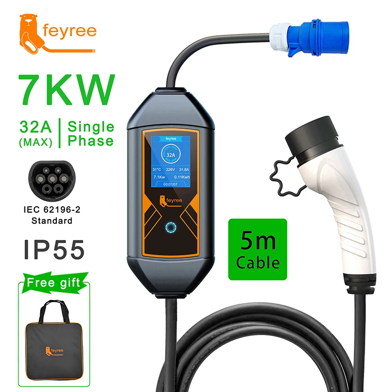 feyree Portable EV Charger Wallbox Type 2 32A 7KW Charging Cable 5m with CEE Plug EVSE Charging Box for Electric Vehicle Car