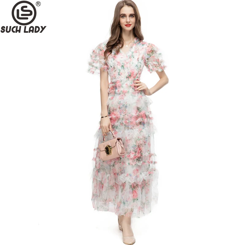 

Женские модельные платья с V-образным вырезом и коротким рукавом, элегантные сетчатые Платья с цветочным принтом и оборками, модные длинные платья