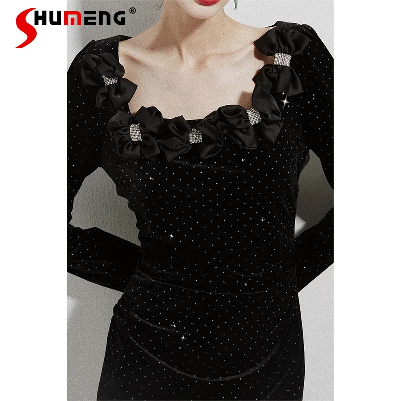 

2022 Winter New Female Retro French Flower Design Decoration Mid-calf Dress Women's Fashion Elegant Slimming Square Collar Dress