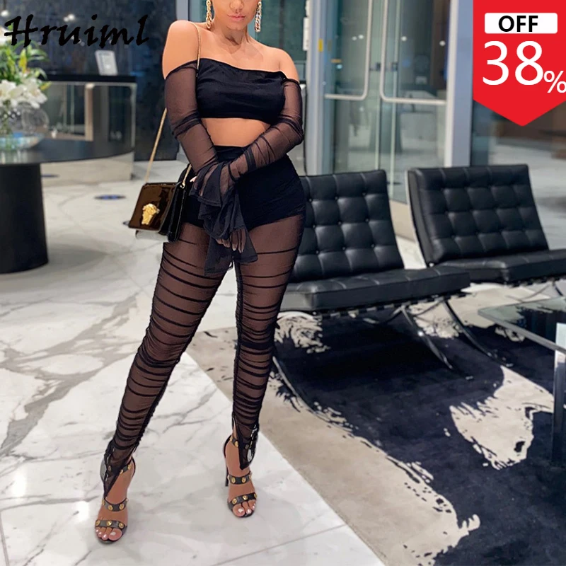 

Костюм спортивный женский из двух предметов, пикантный сетчатый укороченный топ с вырезом лодочкой и прозрачные брюки, Клубная одежда для о...