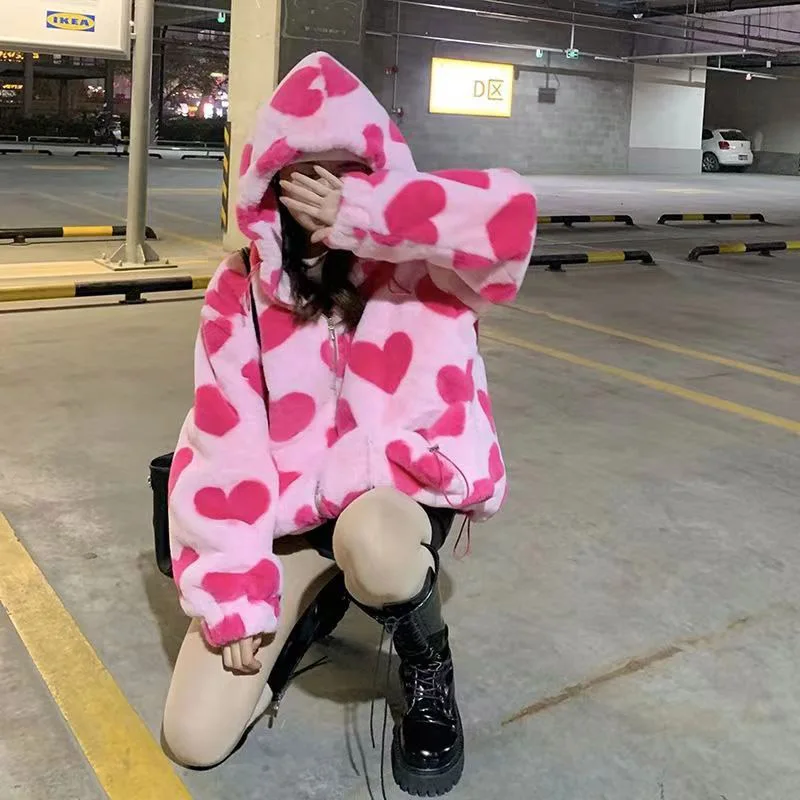 Thickened Faux Rabbit Fur Coat Pink Love Print Hoodie Sweatshirt Cotton Jacket 2022 New Casual Loose Long Sleeve Fur Coat Women