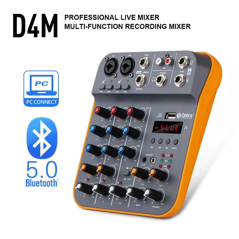 Debra 4-Channel Audio Interface DJ Console Mixer With Bluetooth USB Sound Card 48V For PC Recording Microphone Live Streaming