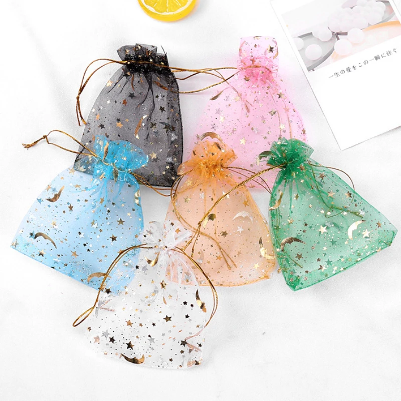 

50pcs/lot Moon Stars Bronzing Organza Bags 7x9 9x12 11x16 13x18cm Colorful Bags For Party Handmade Jewelry Gift Packaging Pouch