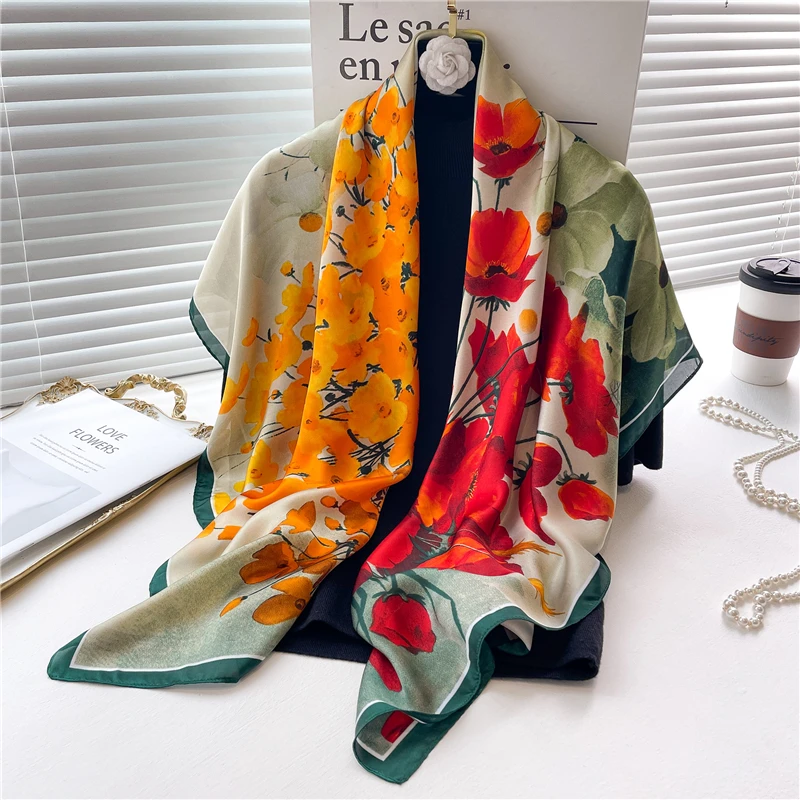 

Print Silk Square Scarf Satin Women Luxury Design Shawl Wraps Female Kerchief Hijab Bandana Head Scarves Beach Stoles 2022 New