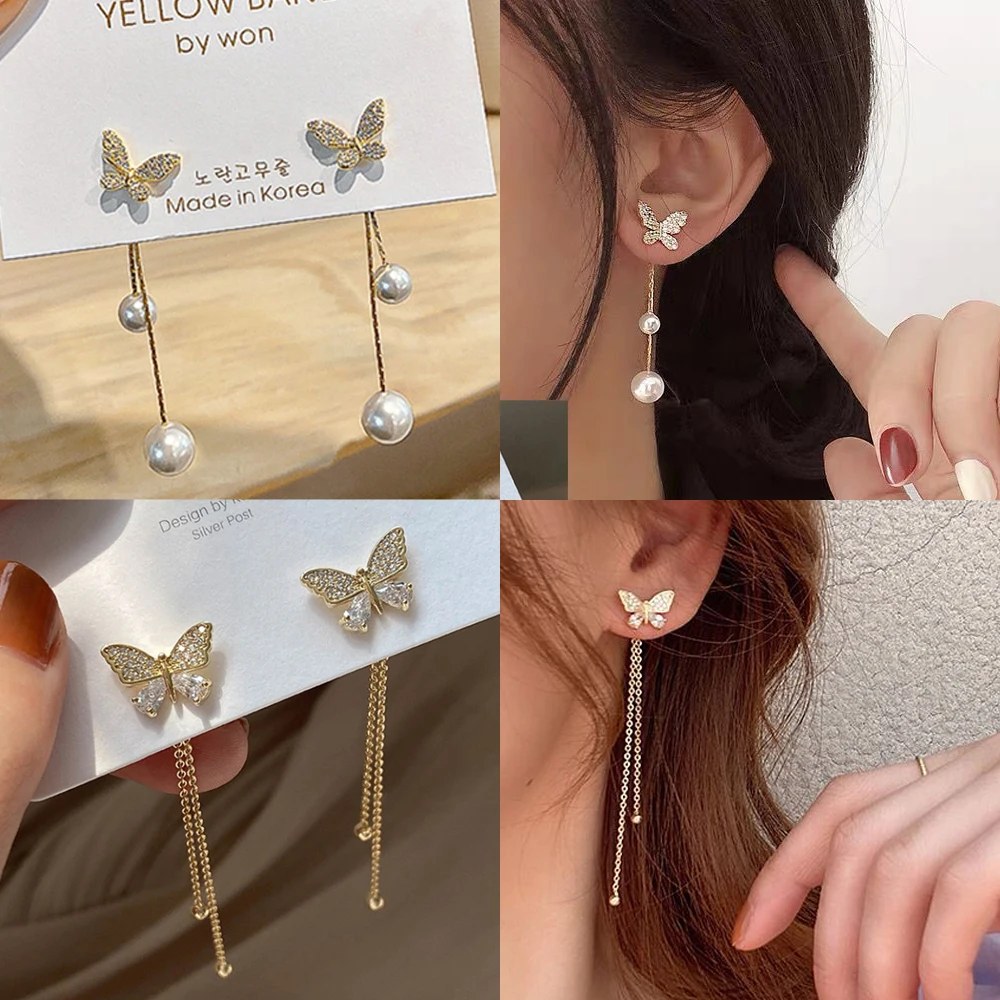

LATS Trend butterfly Pearl Long Earrings for women Moon Star Flower Rhinestone Wedding Dangle Earring Fashion Korean Jewelry