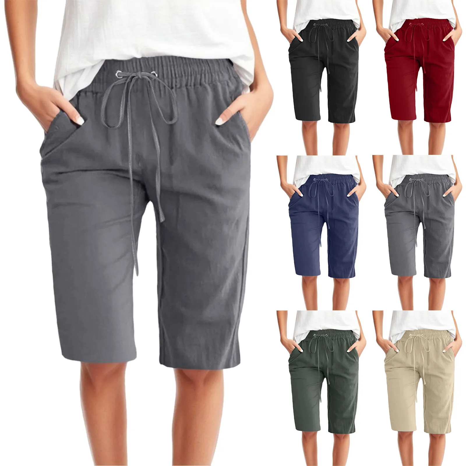 

Женские повседневные Простые Модные шорты на шнуровке с эластичной талией, однотонные Удобные укороченные брюки с карманами, повседневные брюки, спортивные брюки