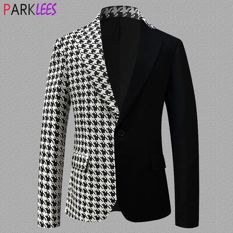 Fashion Houndstooth Patchwork Suit Jacket Men 2022 Brand Splicing Design One Button Blazers Mens Casual Party Prom Costume Homme