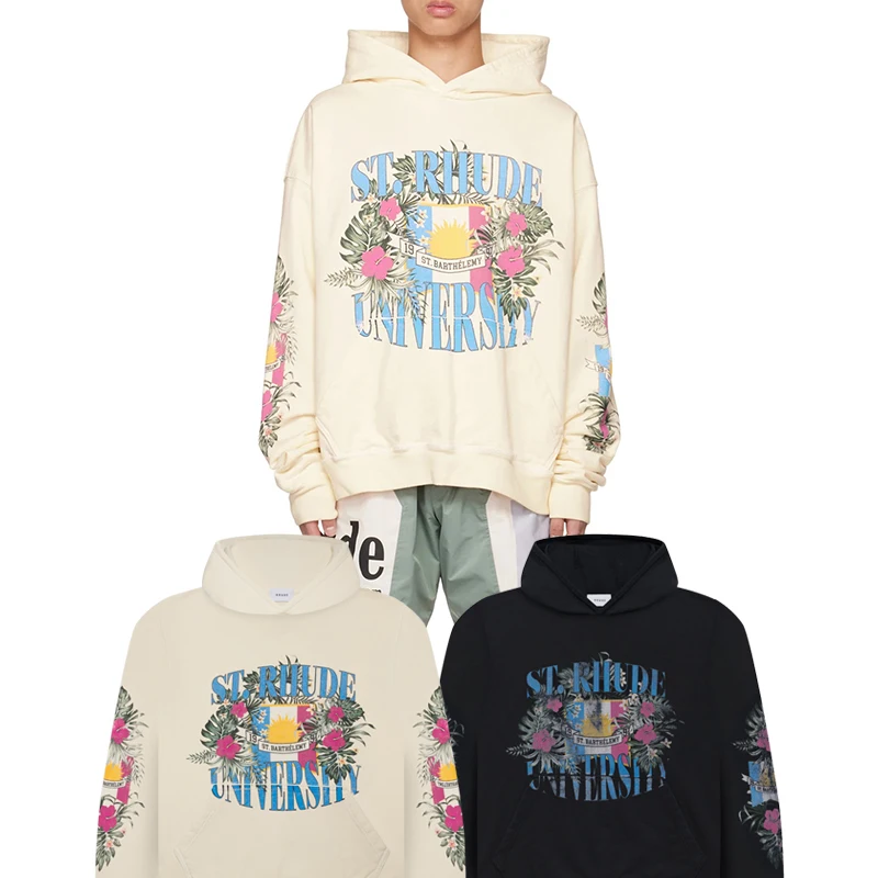 

007 Factory Rhude University Hoodie flower printing high street Clothing Oversized pure cotton men women loose hooded sweater