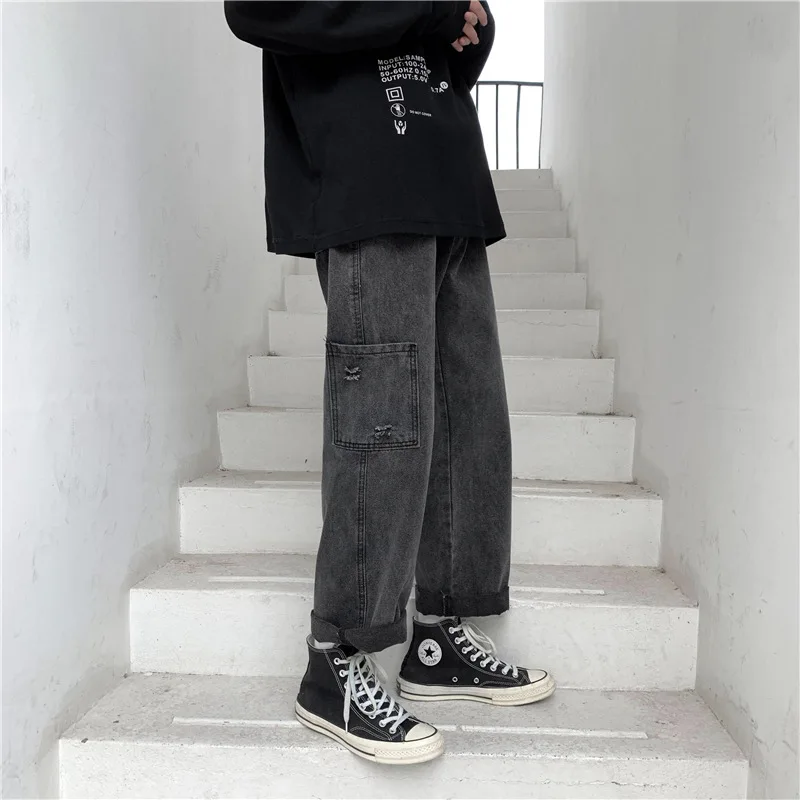 DEEPTOWN Loose Cargo Jeans Men Solid Vintage Denim Pants Casual Streetwear Japanese Straight Trousers Male Fashion Pocket Spring